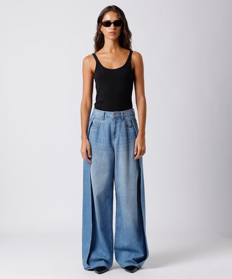 calça wide leg feminina jeans com pregas mindset azul