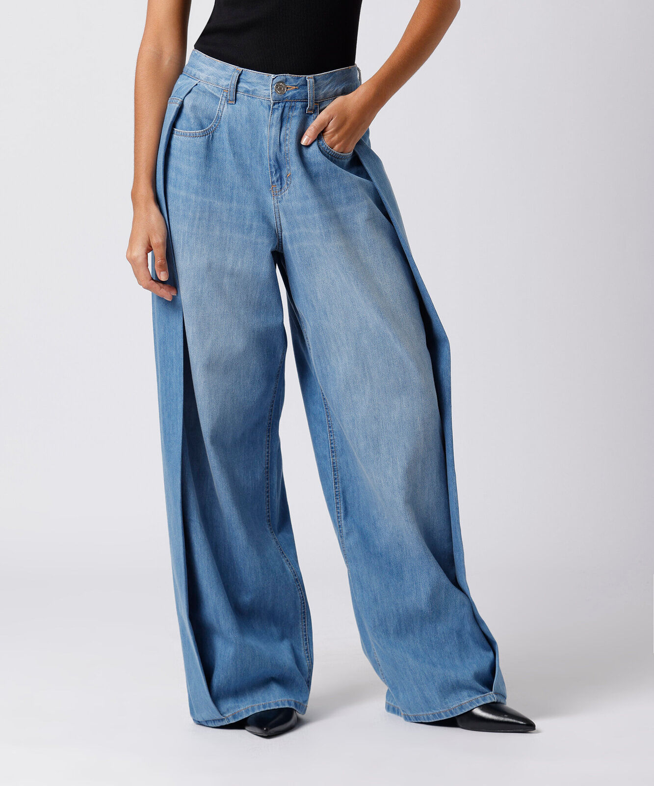calça wide leg feminina jeans com pregas mindset azul