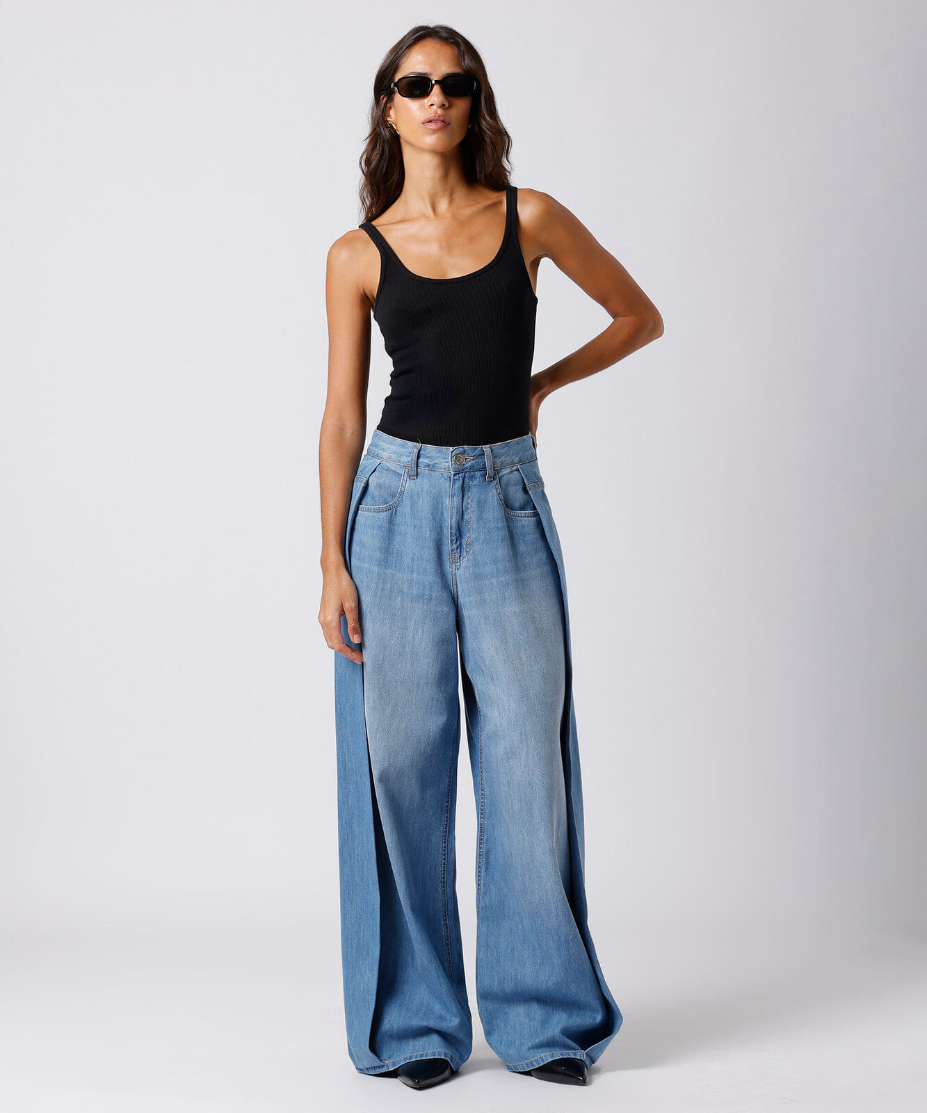calça wide leg feminina jeans com pregas mindset azul