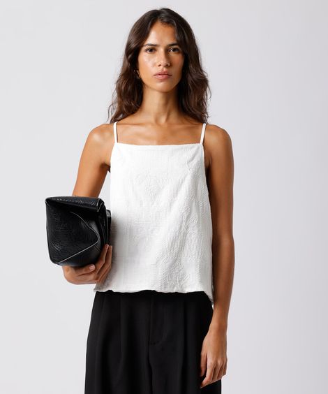 regata feminina de algodão alça fina bordada floral mindset off white