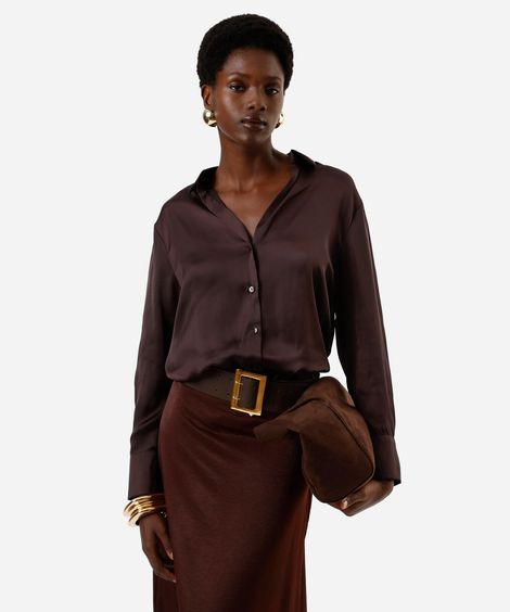 camisa feminina manga longa acetinada marrom