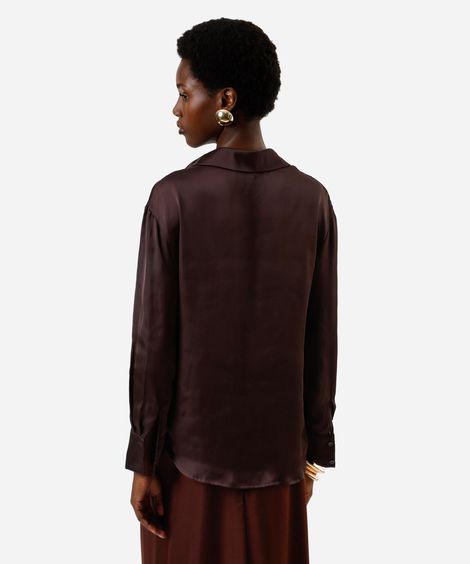 camisa feminina manga longa acetinada marrom