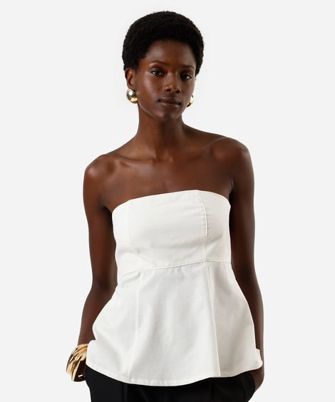 blusa peplum sem alça feminina de algodão off white