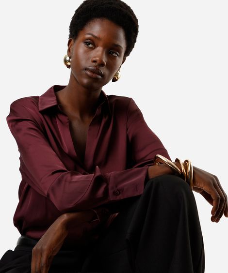 camisa feminina manga longa acetinada vinho