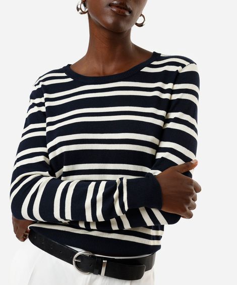 suéter feminino gola careca listrado azul