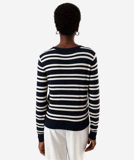 suéter feminino gola careca listrado azul