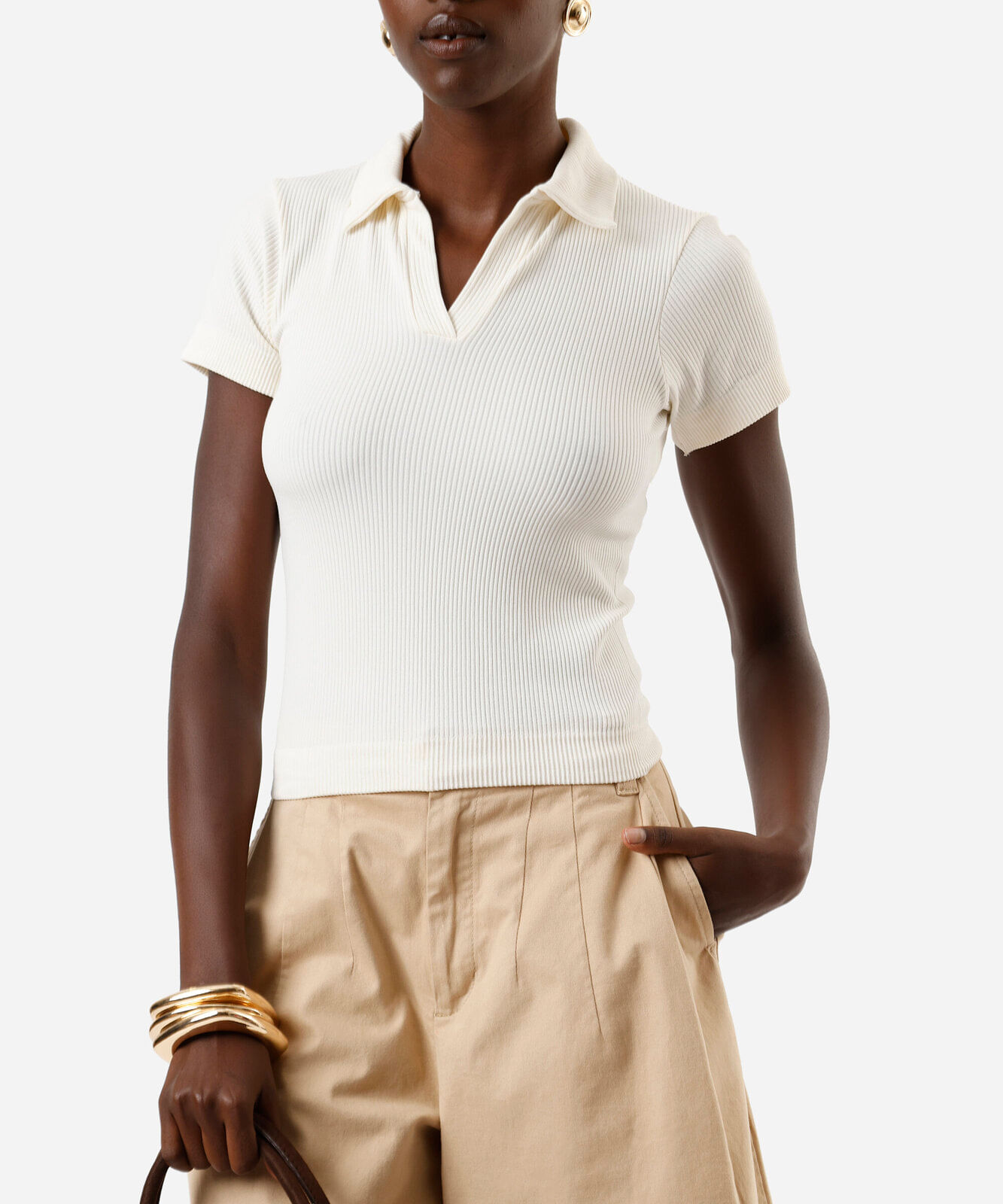 polo feminina manga curta poliamida off white