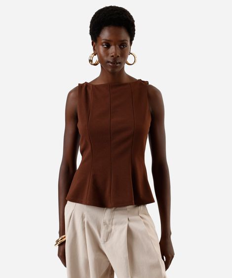 regata feminina peplum com recortes marrom