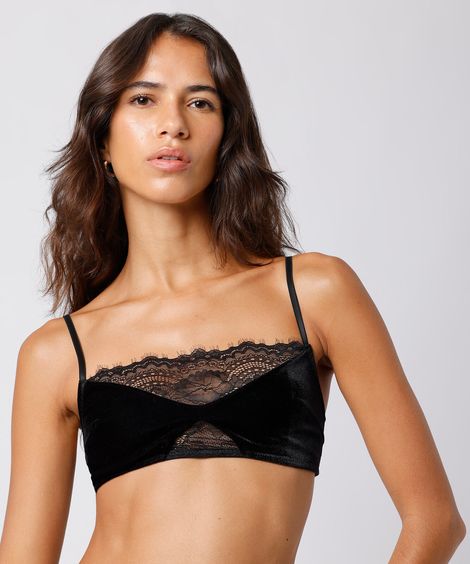 sutiã faixa feminino de veludo com renda mindset preto