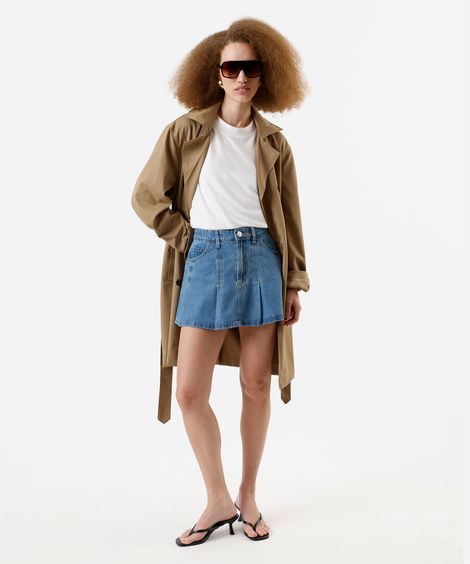 minissaia feminina jeans cintura alta pregas azul