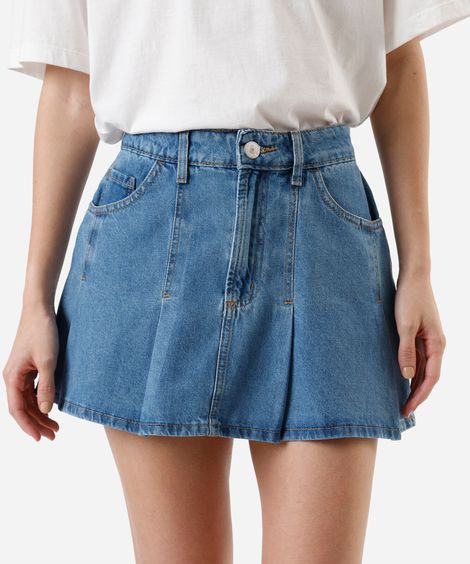minissaia feminina jeans cintura alta pregas azul
