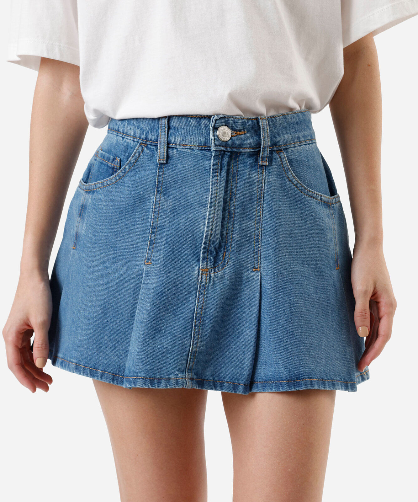 minissaia feminina jeans cintura alta pregas azul