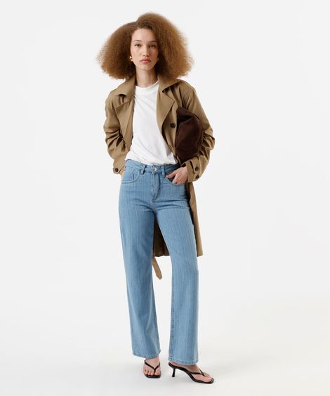 calça feminina jeans wide leg slim cintura média listrada azul