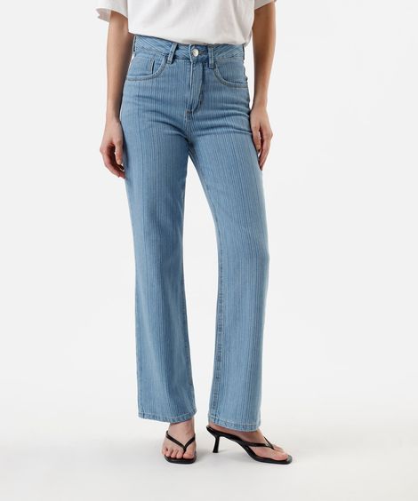 calça feminina jeans wide leg slim cintura média listrada azul