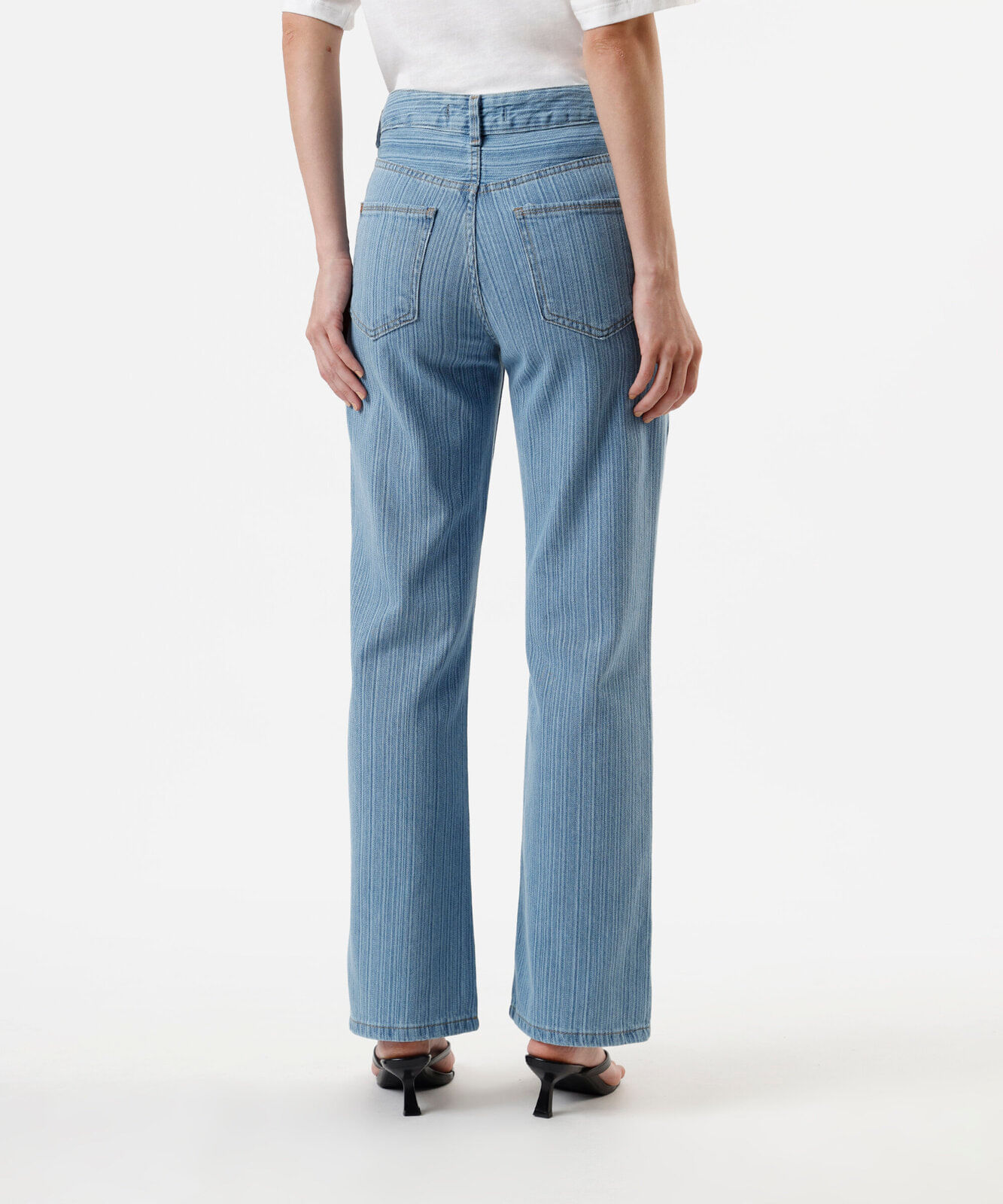 calça feminina jeans wide leg slim cintura média listrada azul