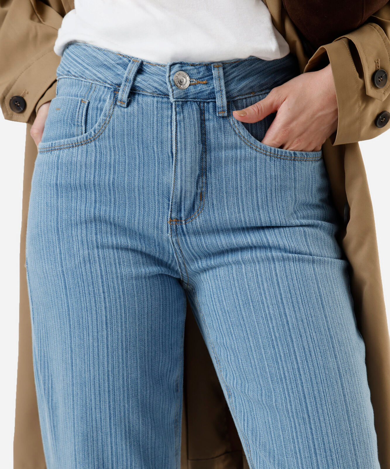 calça feminina jeans wide leg slim cintura média listrada azul