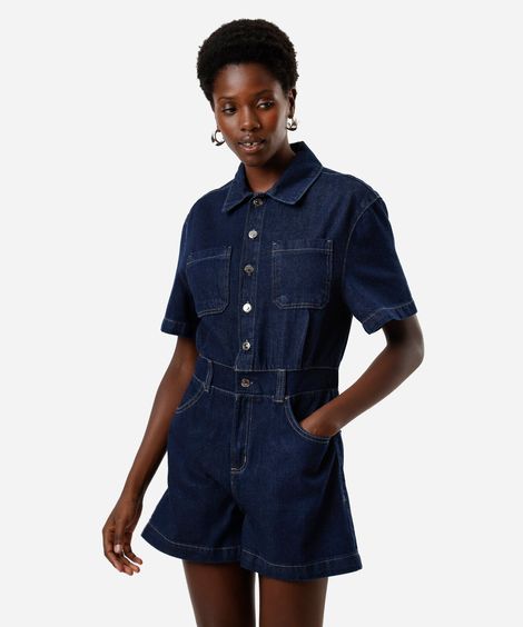 macaquinho feminino jeans manga curta azul