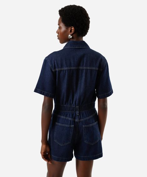 macaquinho feminino jeans manga curta azul