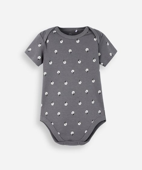 body infantil de algodão florzinha cinza