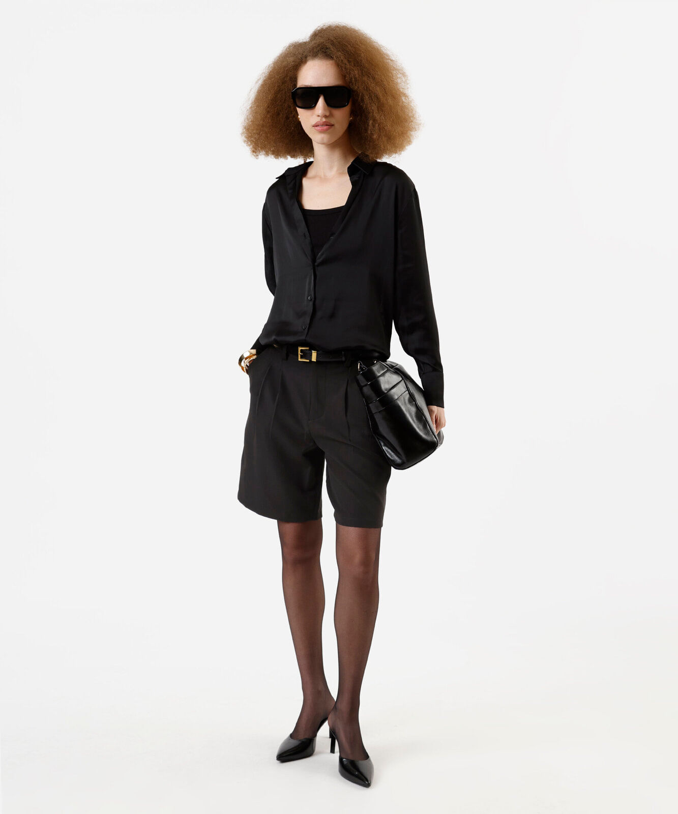 camisa feminina manga longa acetinada preta