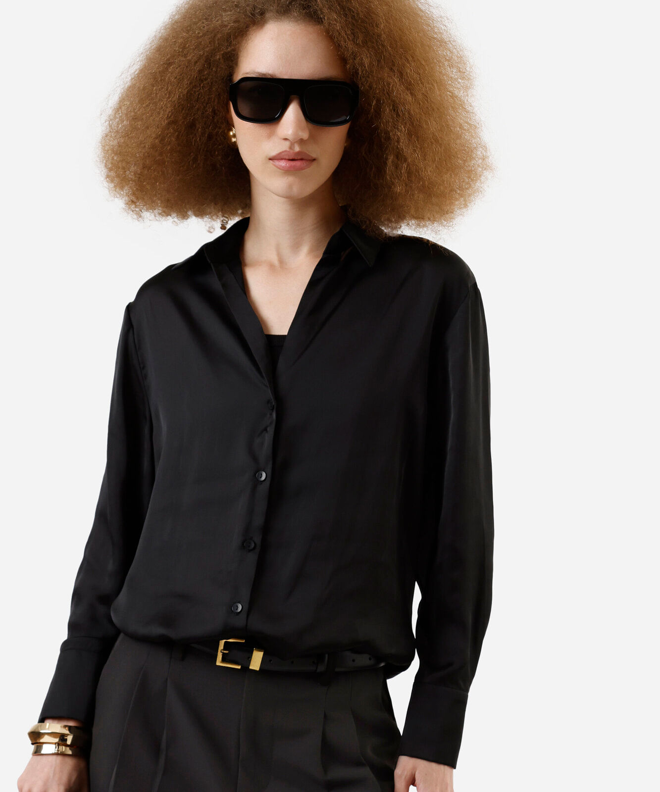 camisa feminina manga longa acetinada preta