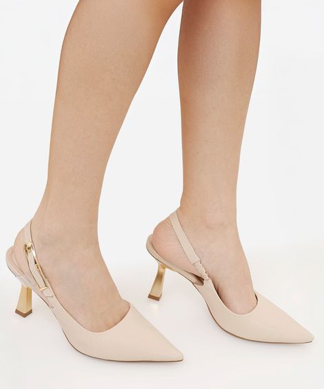 scarpin bico fino salto alto metalizado oneself bege