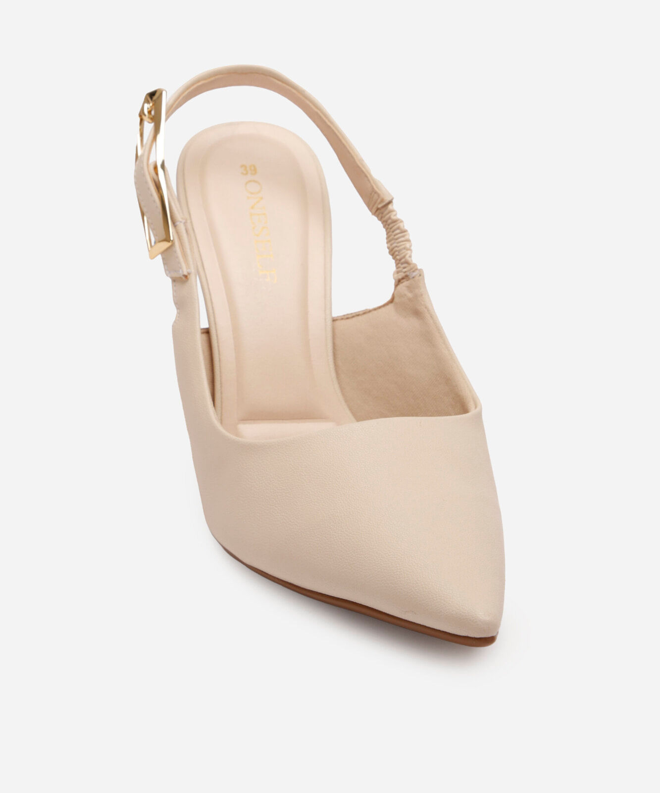 scarpin bico fino salto alto metalizado oneself bege