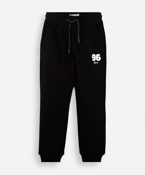 calça jogger infantil de moletom estampada preta