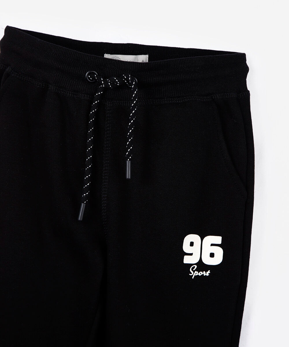 calça jogger infantil de moletom estampada preta