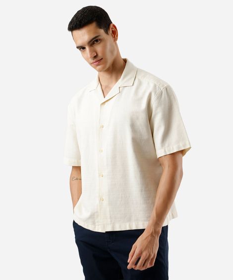 camisa masculina com linho texturizada bege