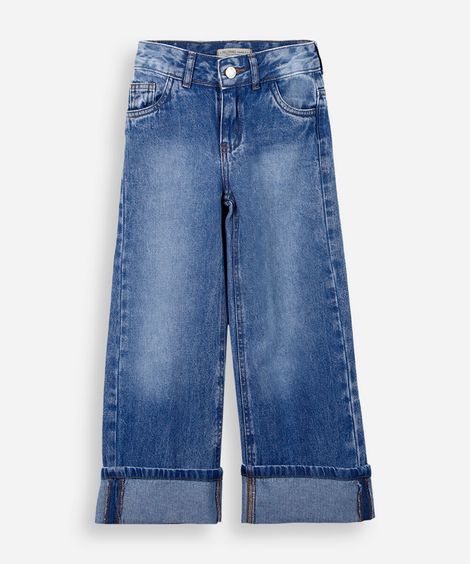 calça reta infantil jeans barra dobrada azul