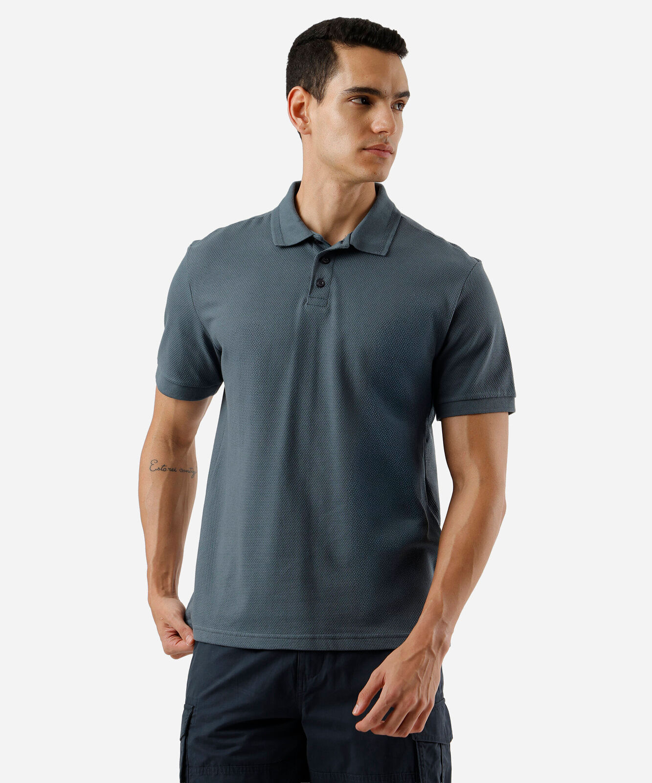 polo masculina de algodão texturizada manga curta azul