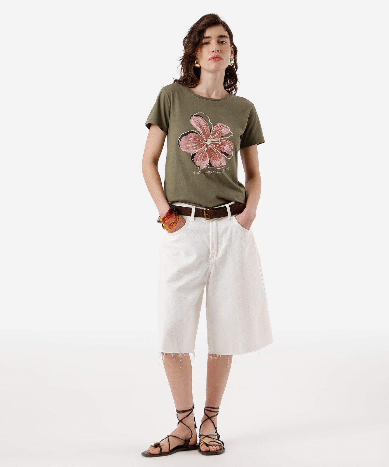 camiseta feminina de algodão floral verde