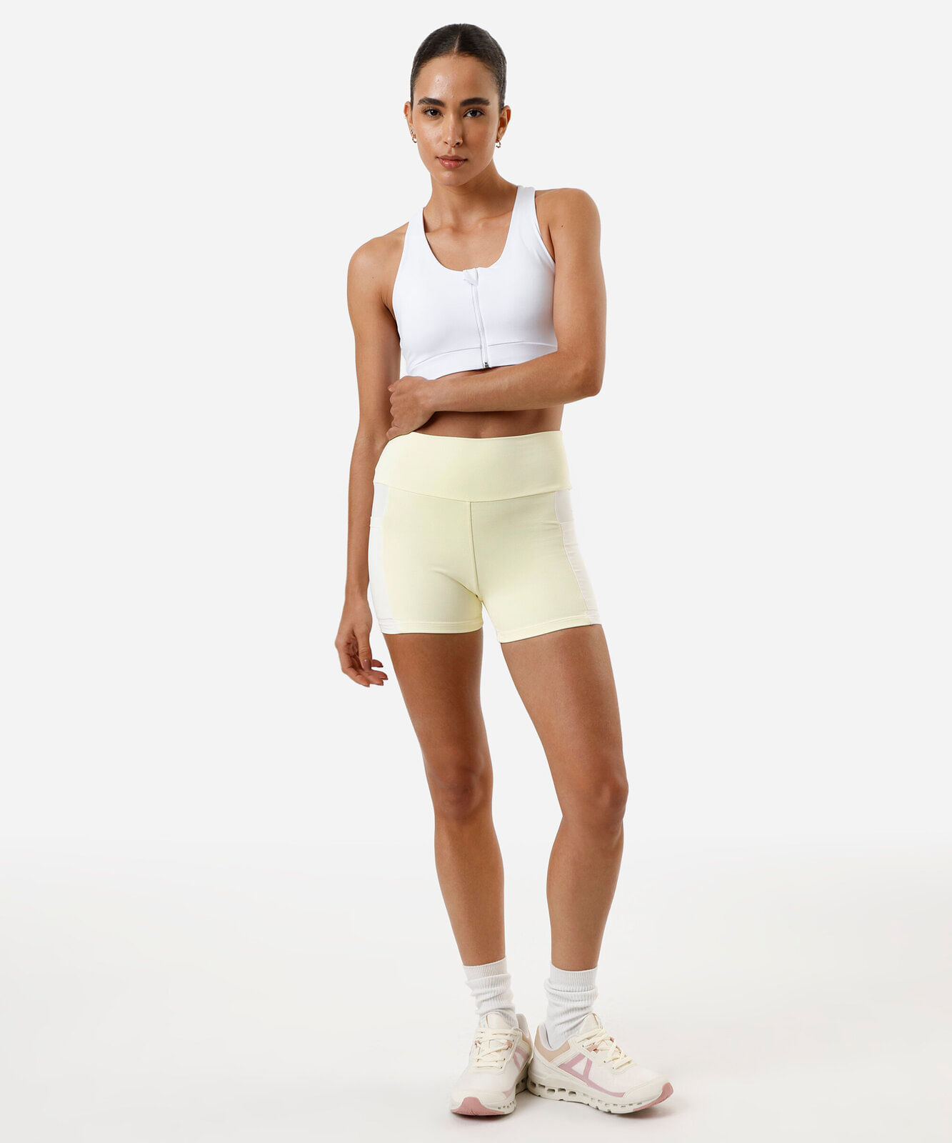 bermuda feminina bicolor bolso lateral amarela