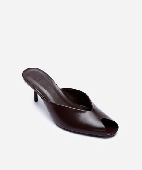 tamanco mule peep toe salto fino marrom