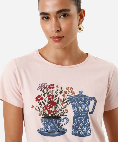 camiseta feminina de algodão xícara de flor rosa