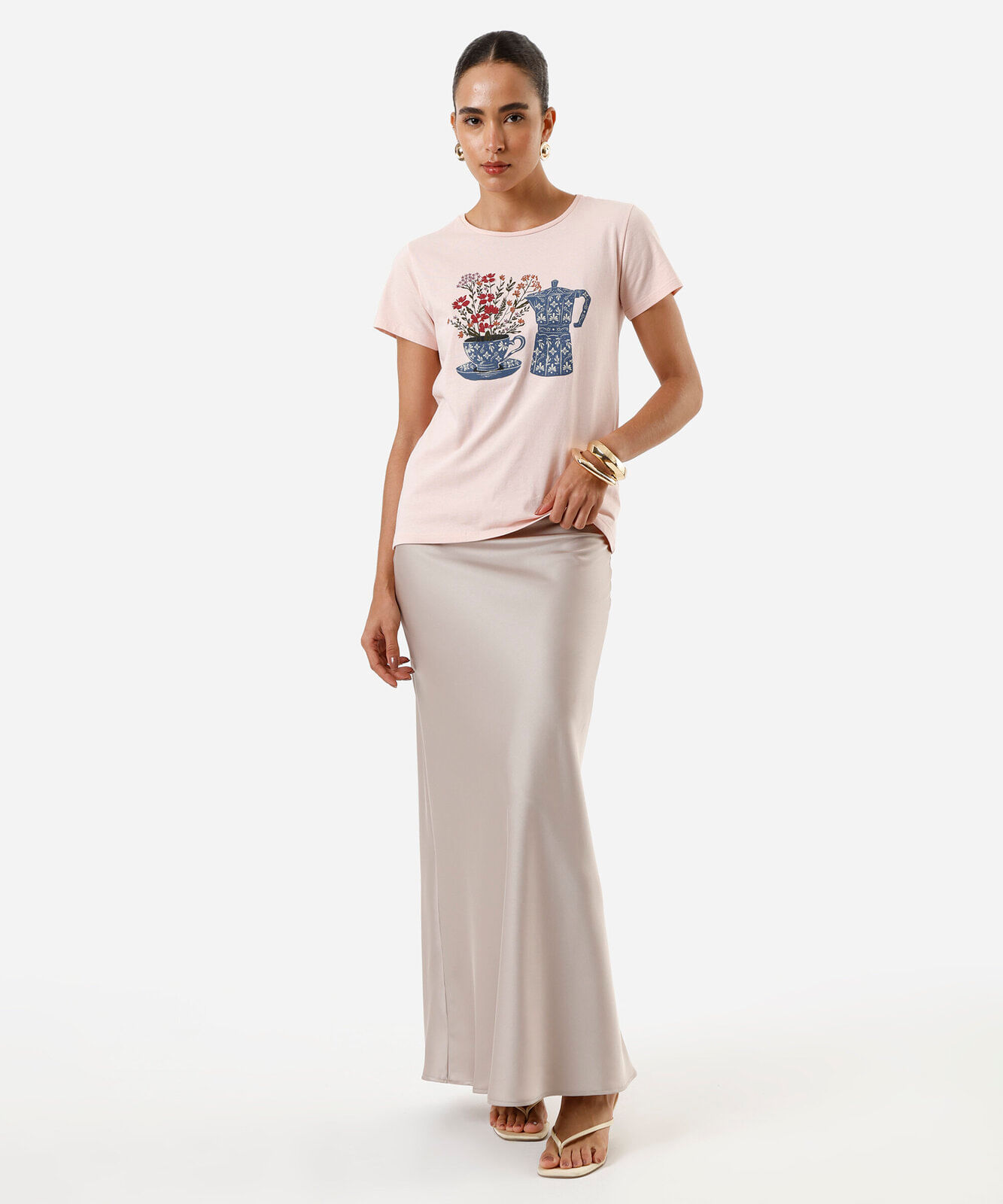 camiseta feminina de algodão xícara de flor rosa