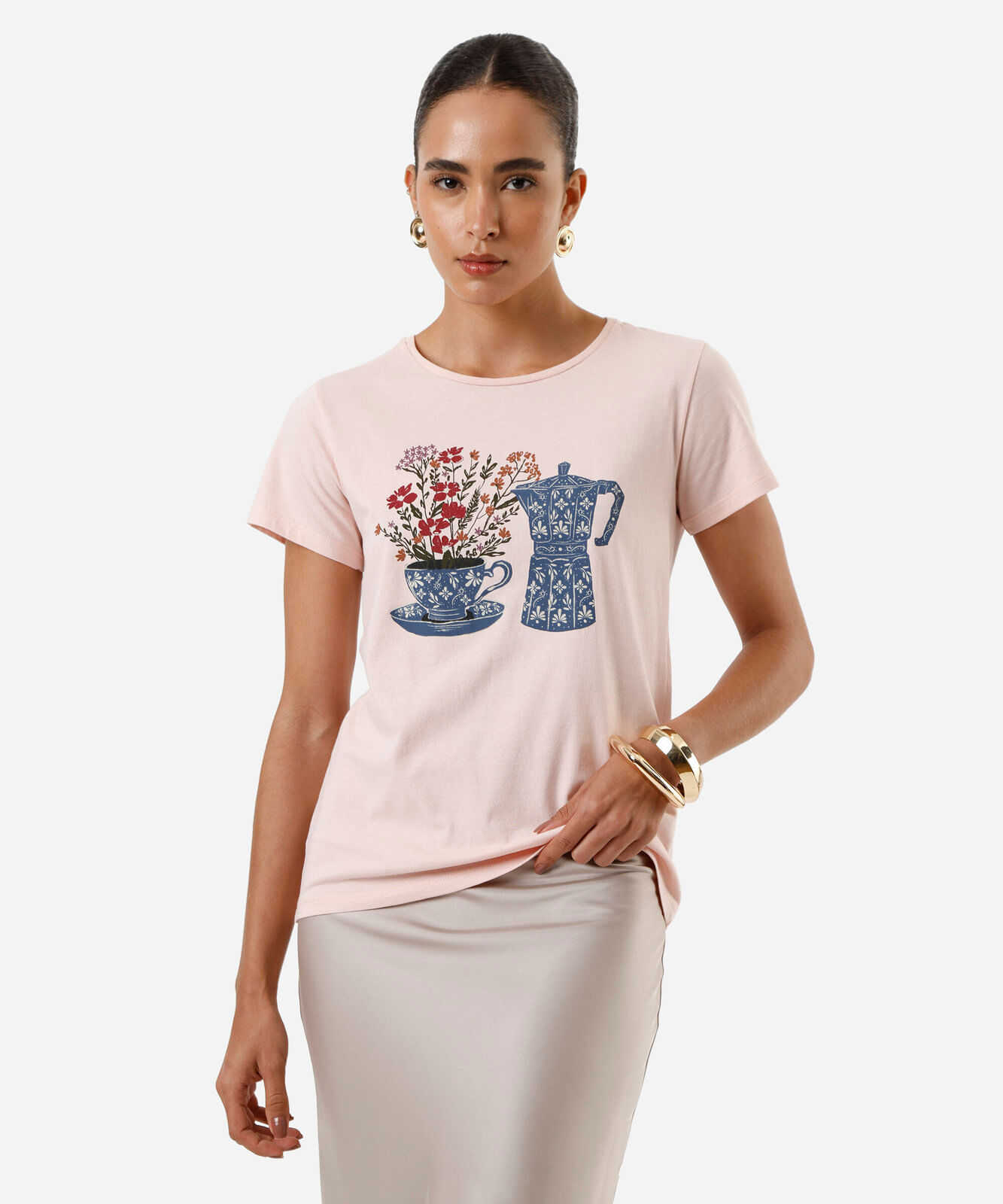 camiseta feminina de algodão xícara de flor rosa