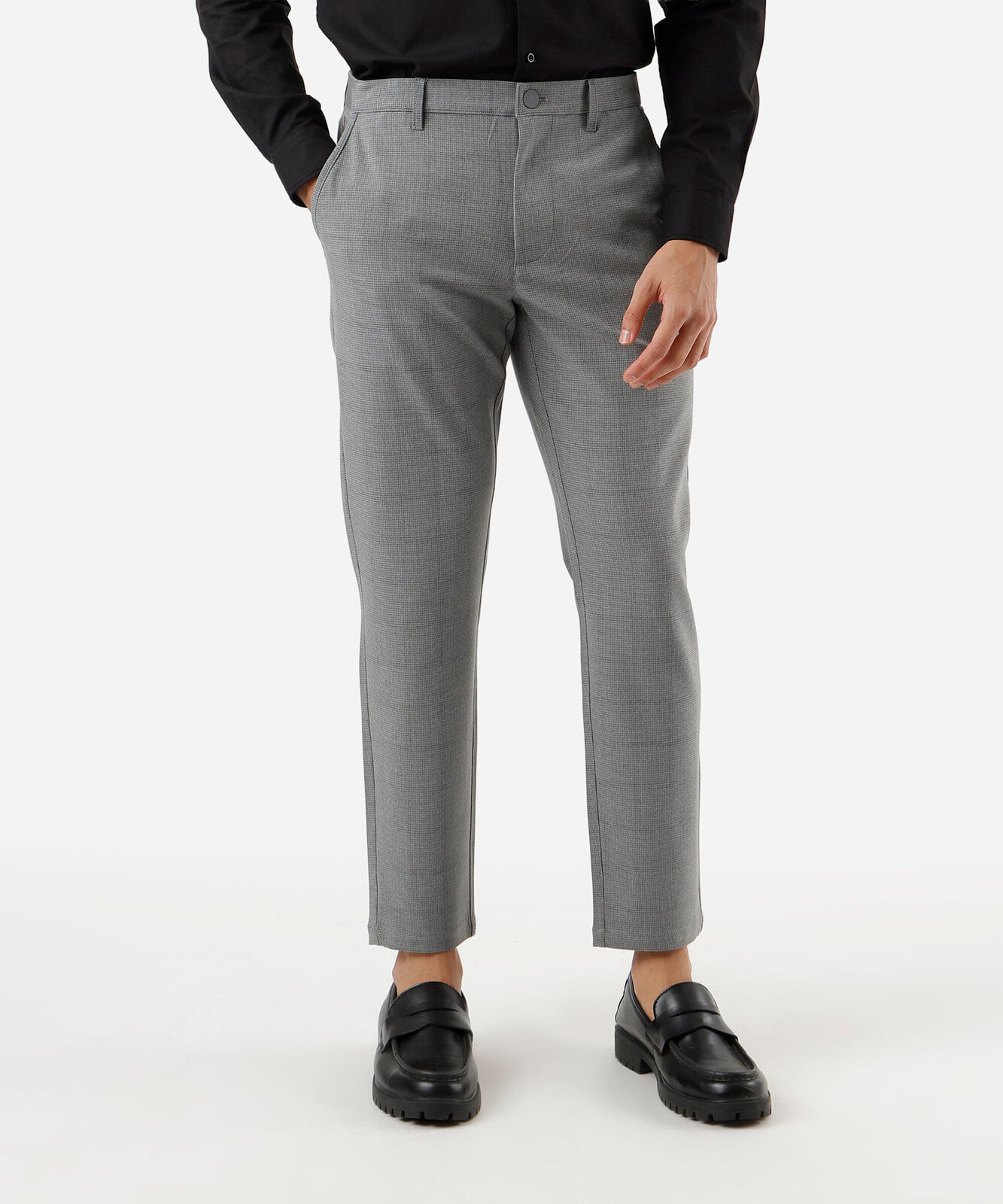 calça slim masculina xadrez com bolsos cinza