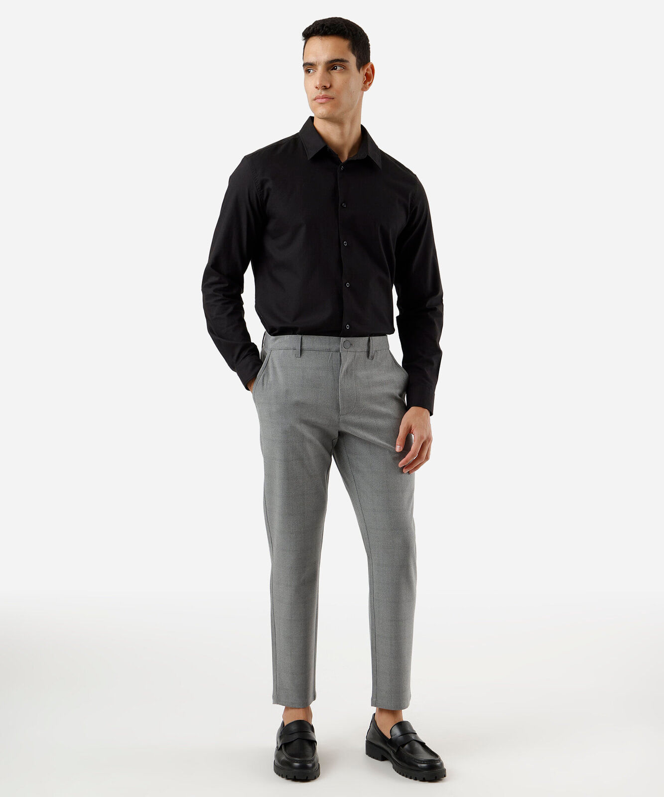 calça slim masculina xadrez com bolsos cinza