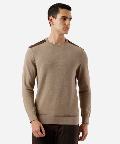 suéter masculino de tricot com recorte de suede bege