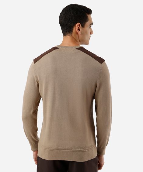 suéter masculino de tricot com recorte de suede bege