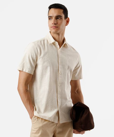 camisa masculina de algodão bordada bege