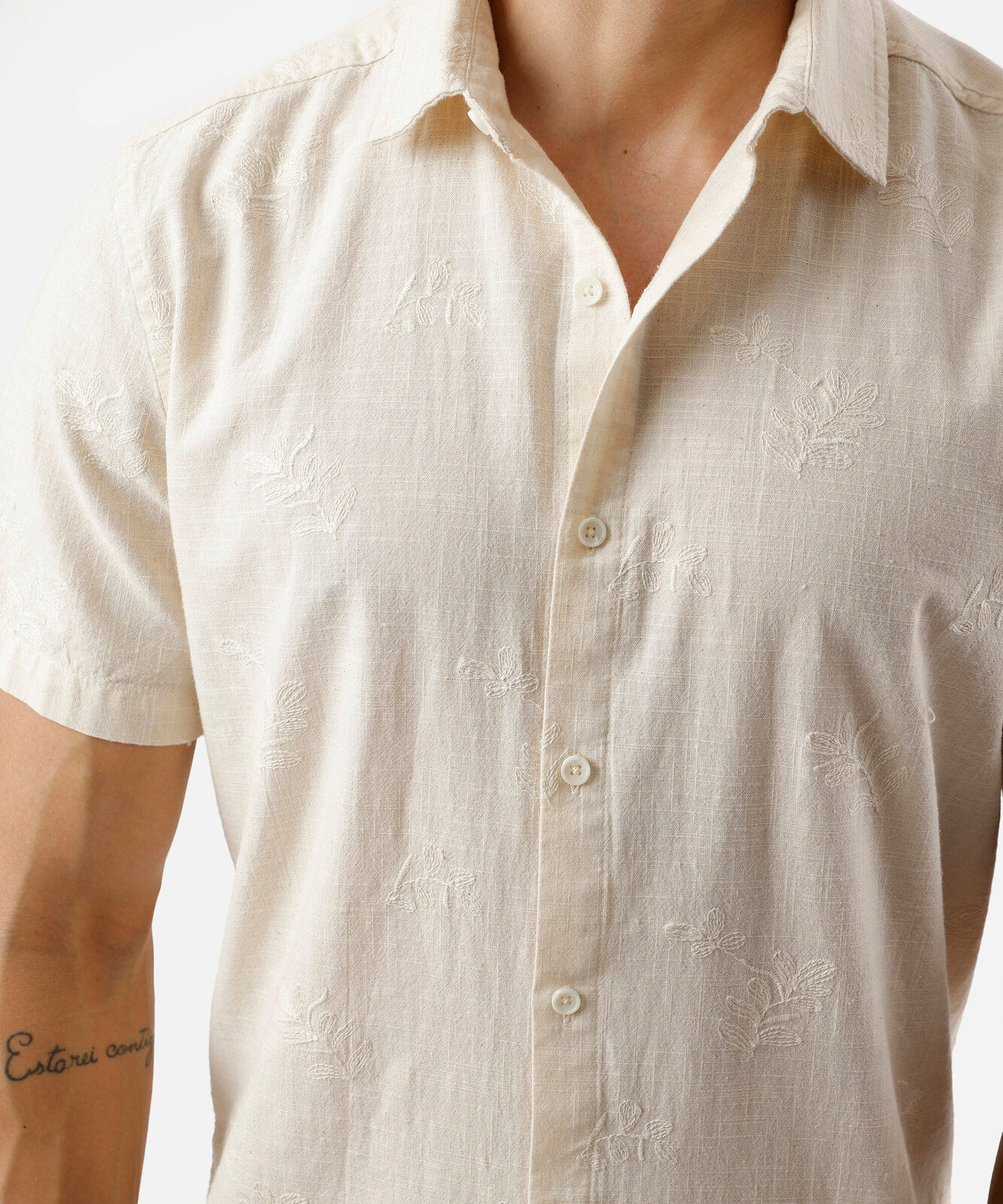 camisa masculina de algodão bordada bege