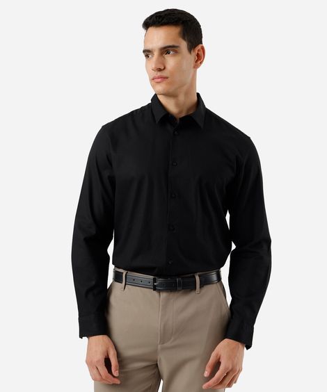 camisa slim de algodão manga longa texturizada preta