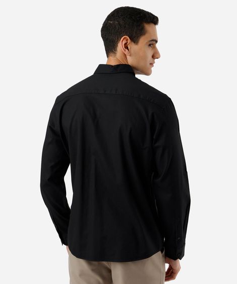 camisa slim de algodão manga longa texturizada preta