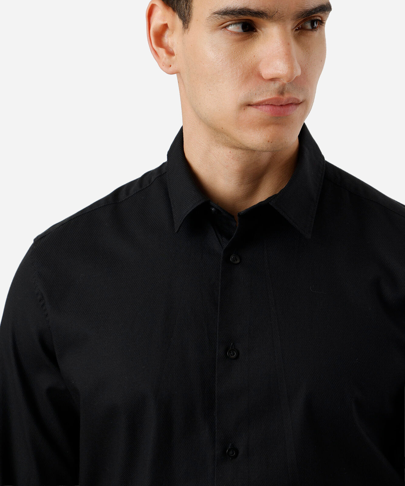 camisa slim de algodão manga longa texturizada preta