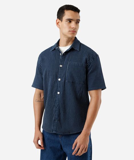camisa overshirt masculina jeans listrada azul