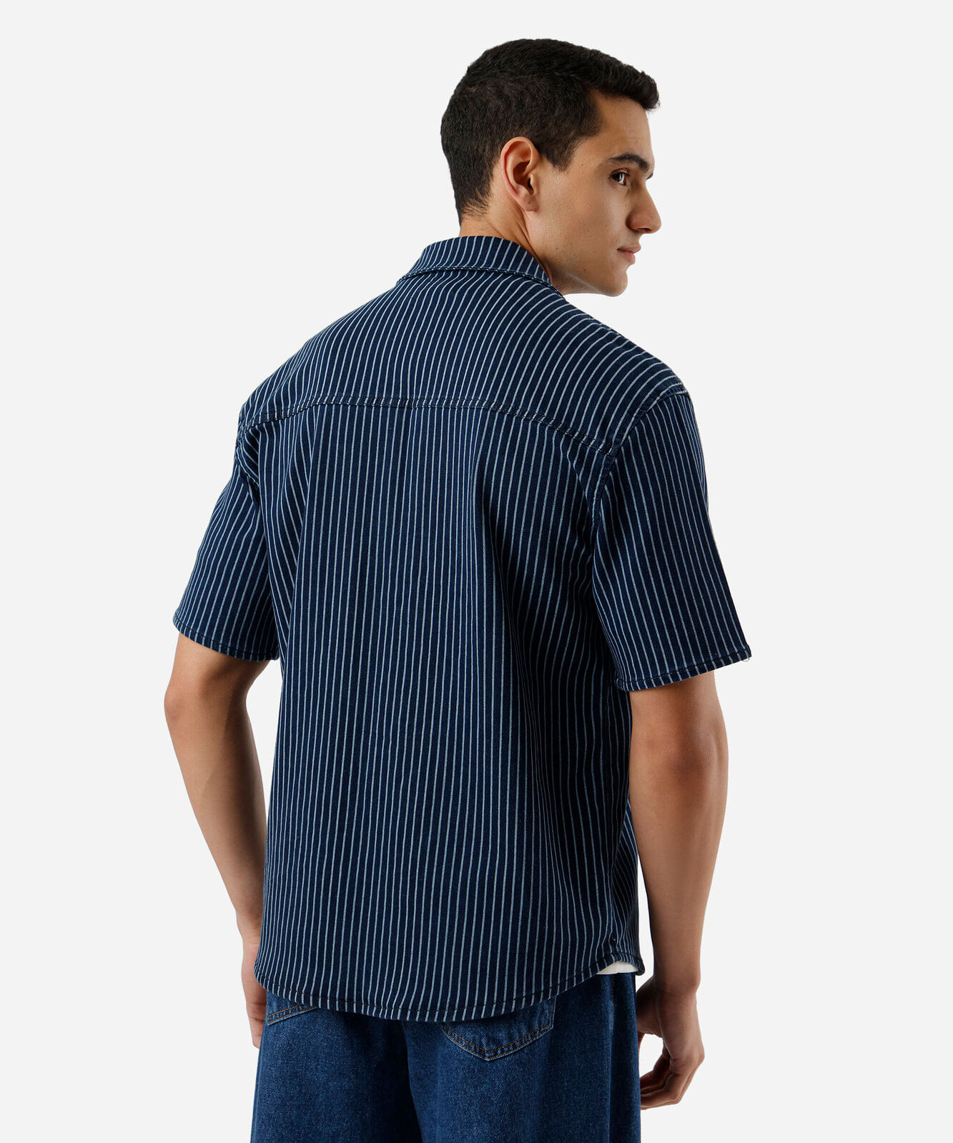 camisa overshirt masculina jeans listrada azul