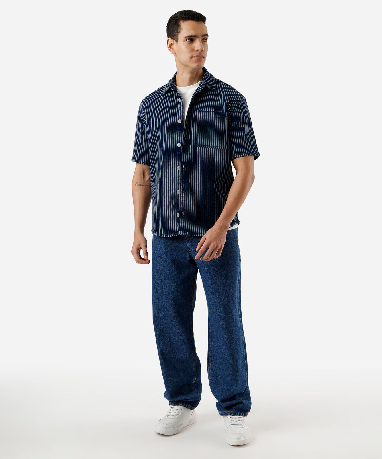 camisa overshirt masculina jeans listrada azul